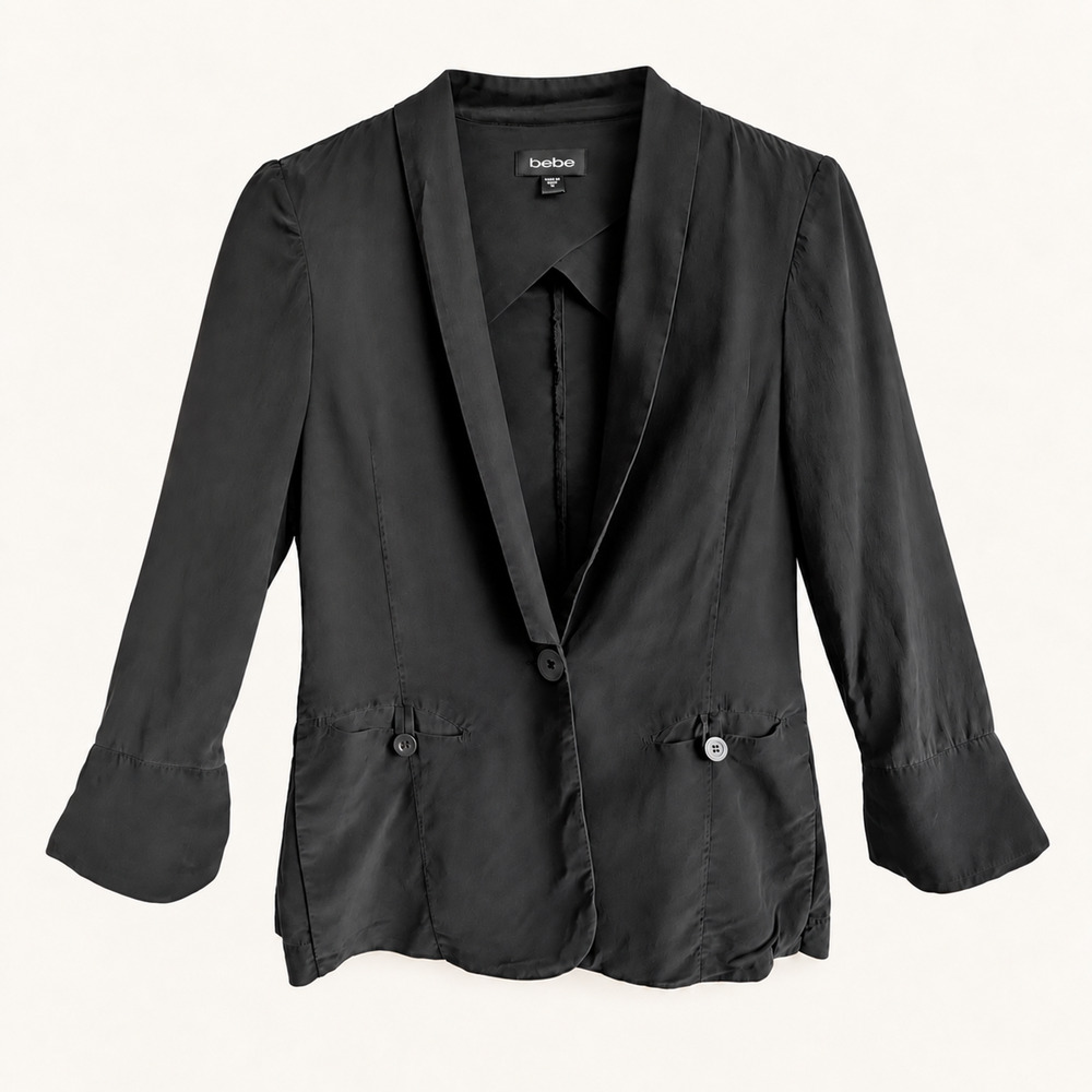 bebe Black 100% Mulberry Silk Tuxedo Blazer Flare Sleeve Jacket M